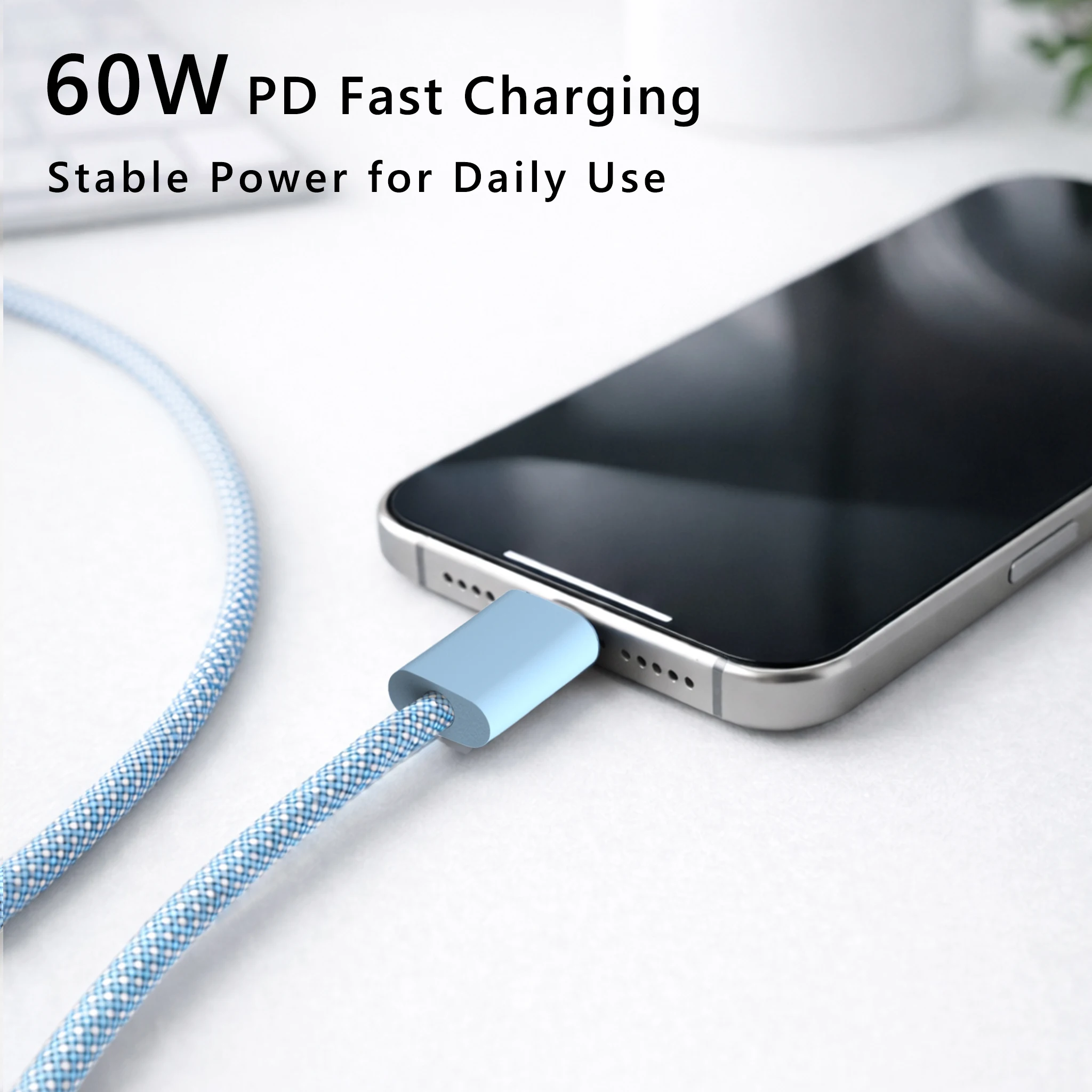 Ice Blue 60W Fast Charging USB-C Cable | Braided Nylon Type-C to Type-C Cord