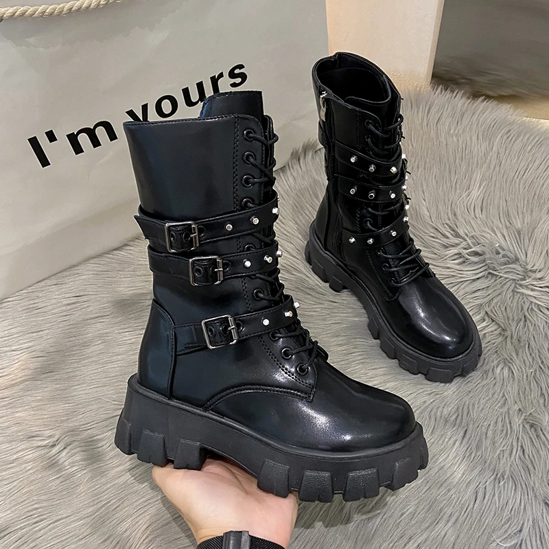 

WOMEN ANKLE BOOTS Goth Boots Woman Winter 2023 Platform Shoes Sneakers Studded Belt Buckle Punk Army Chunky Heels Mid Calf Boots