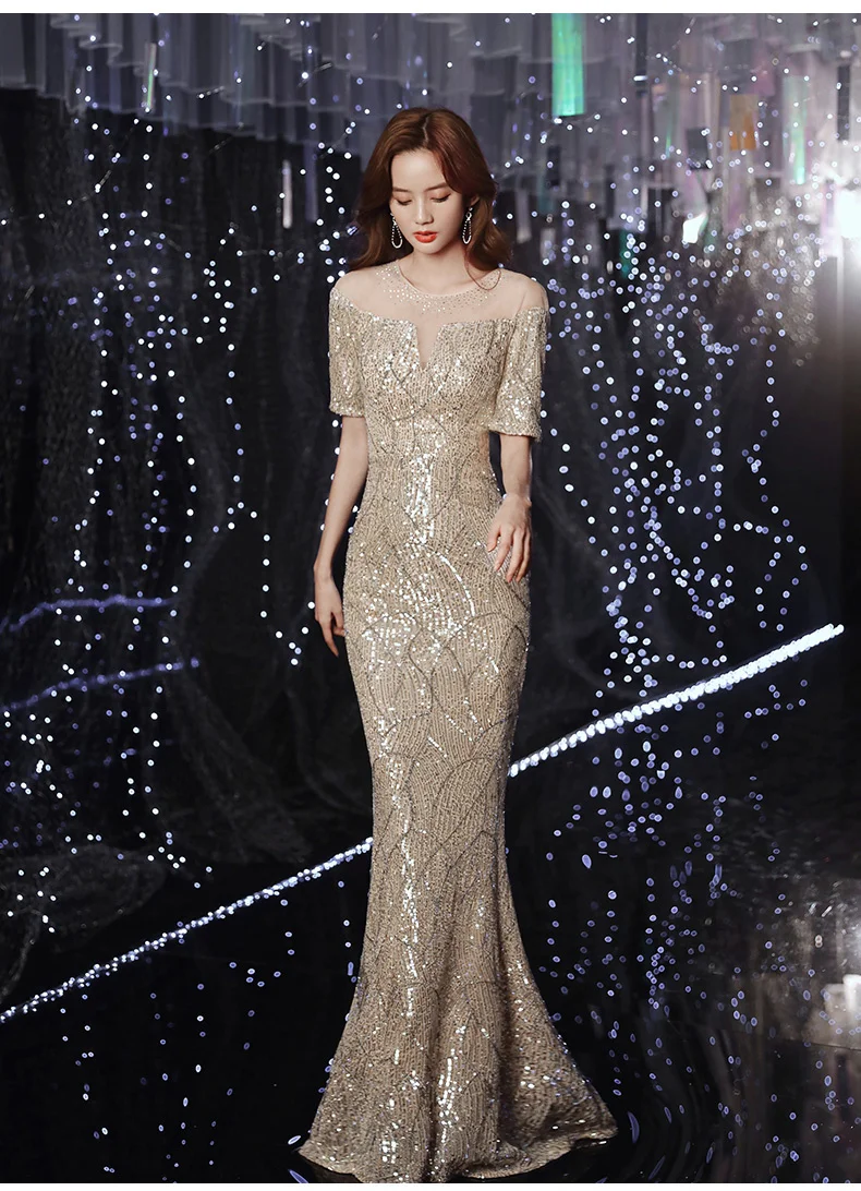 Champagne Sequin Mermaid Evening Dresses For Wedding Party Elegant O-Neck Floor-Length Long Formal Gowns With Sleeves green evening gown