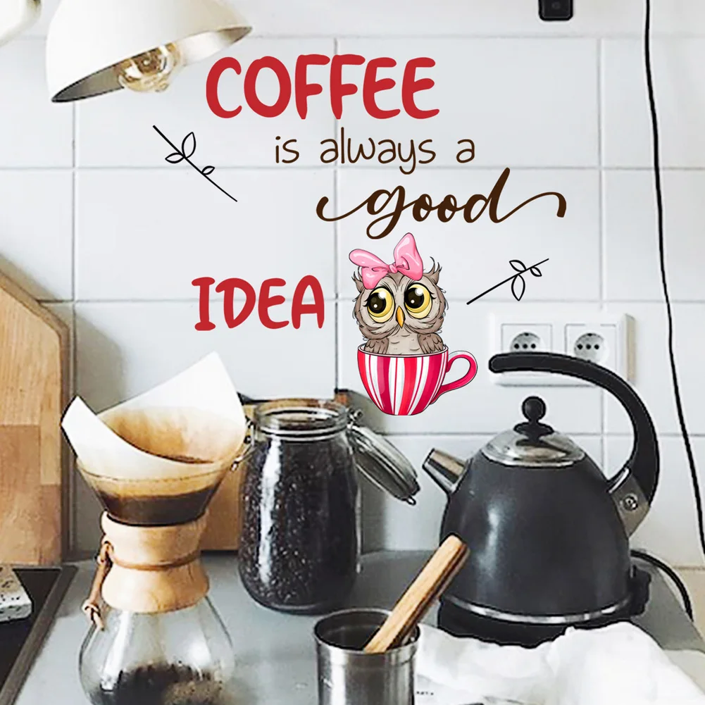 Cute Coffee Owl Bow Wall Sticker For Kitchen Restaurant Background Home Decoration Mural Cafe Room Decor Self-adhesive Wallpaper