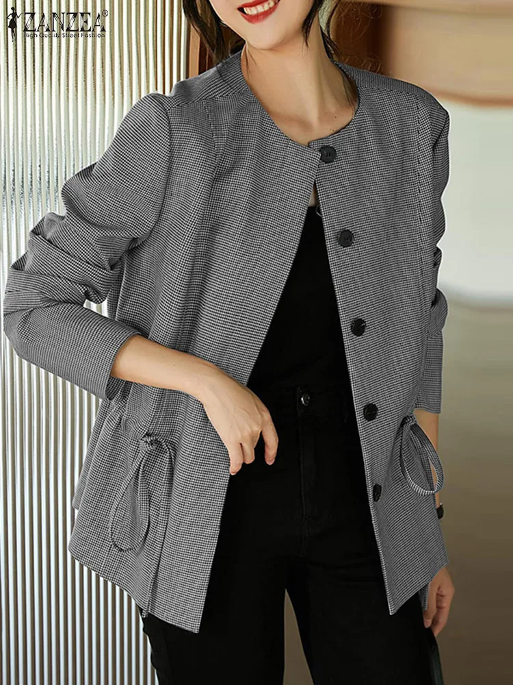 

ZANZEA Fashion Long Sleeve Blazer Woman Vintage Grid Printed Jackets Autumn O Neck OL Work Coats Elegant Button Outwear 2024