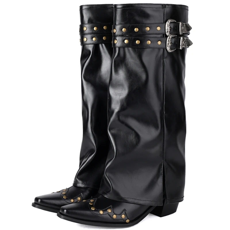 Knee High Boots for Women New Trends Turned-over Edge Winter Black Cowboys Riding Boot Rivets Footwear Shoes Lady Big Size