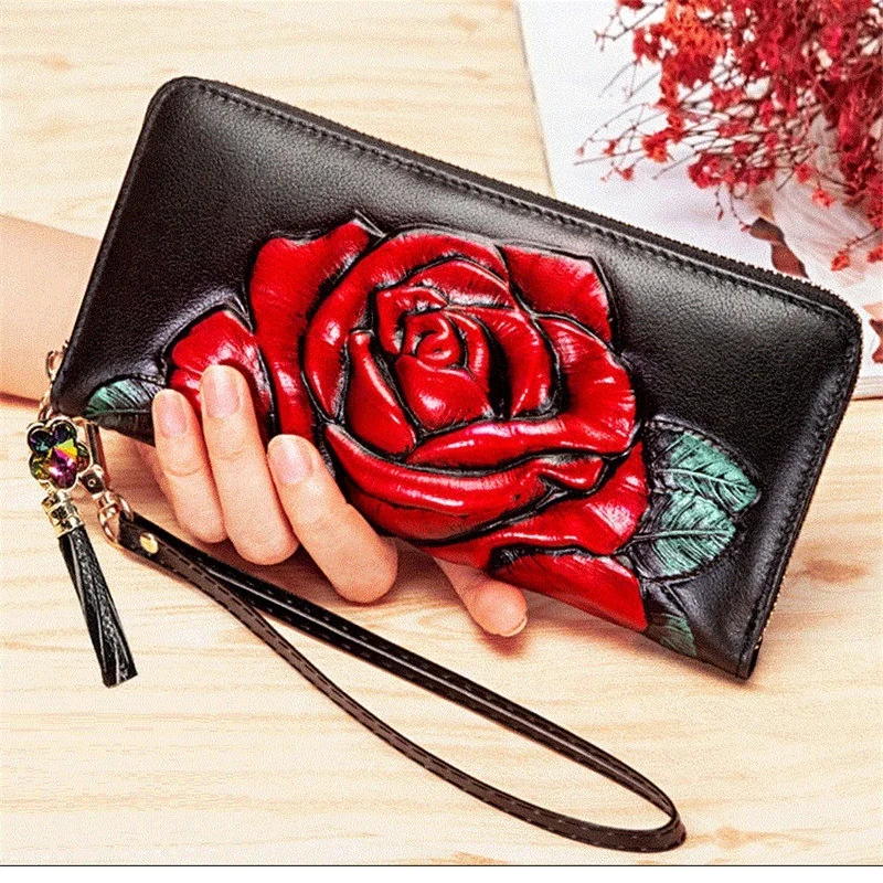 여성용 꽃 정품 가죽 지갑, 대용량 숙녀 가죽 지갑, 카드 및 휴대폰용 RFID 여성 클러치 백, 2023 신제품