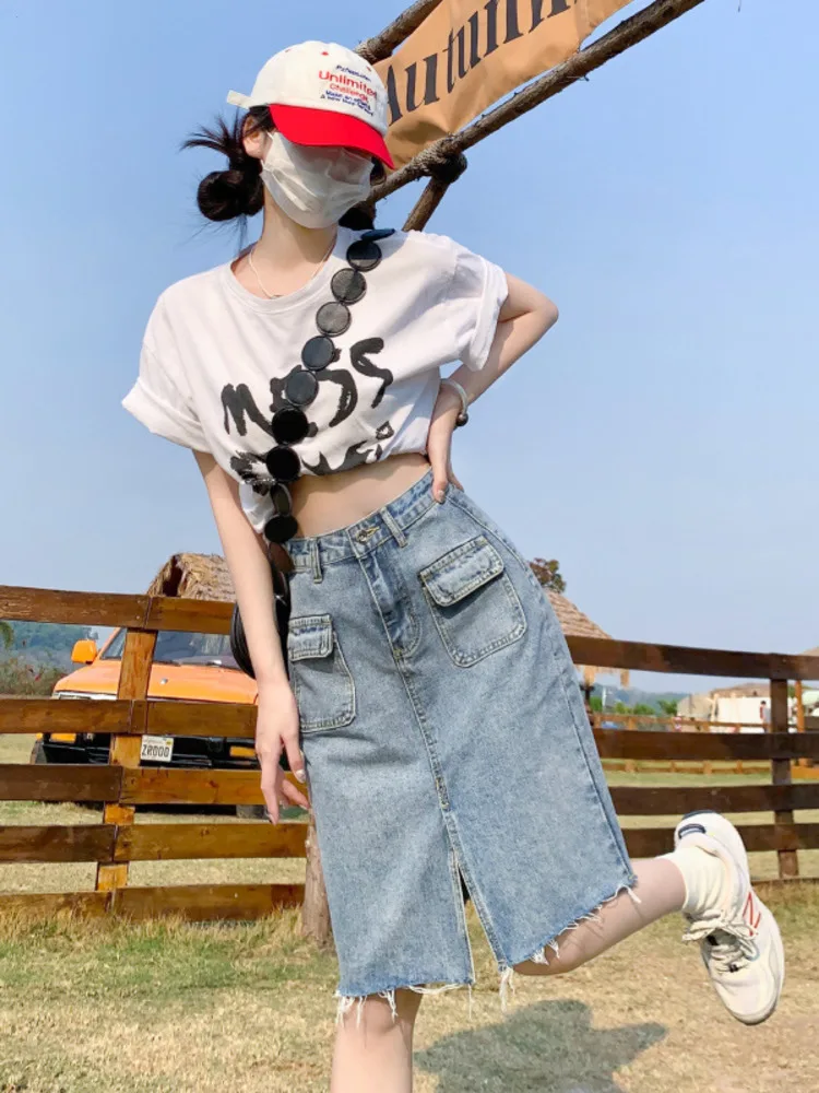 

Straight Split Denim Skirts Causal A-line Women Streetwear Elegant High Waist Slim Fashion Jeans Chic Skirt Summer New