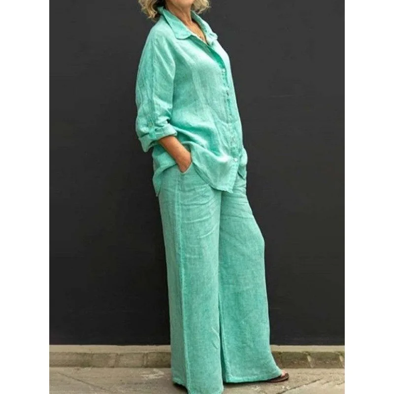 Ensemble Femme 2 Pièces En Lin - Chemise Manches Longues Et Pantalon Ample - Style Vintage Décontracté - Tenue Chic Et Confortable
