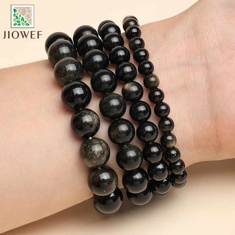 Smooth Golden Obsidian Stone Bracelet Women Fashion Jewelry Single Circle Elastic Rope Charoite Bracelet Gift Meditation Jewelry