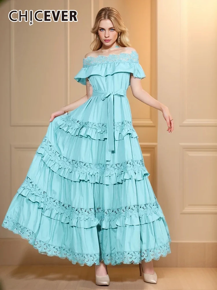 

CHICEVER элегантные платья с вышивкой для женщин воротник-лодочка короткий рукав высокая талия лоскутное кружево свободное весеннее платье макси для женщин