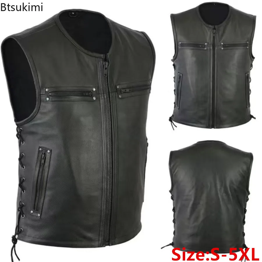 2024 Men's Handsome Motorcycle Leather Vest Jacket Fashion O-neck Solid Sleeveless PU Leather Zip Punk Tops Men Trend Streetwear