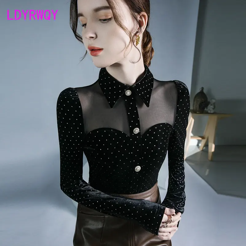 

Velvet polka-dot mesh paneled top with transparency, a new vintage long-sleeved foreign style underneath a bottomshirt T-shirt