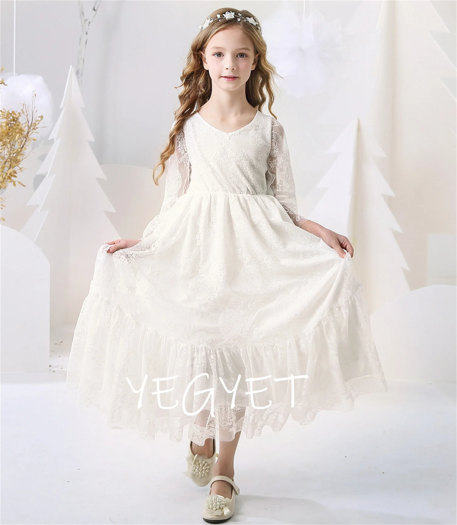 

2-12 Year Flower Girl Dresses White Beige Long Sleeve Summer Dress Communion Toddler Kids Christening Wedding Bridesmaid Clothes