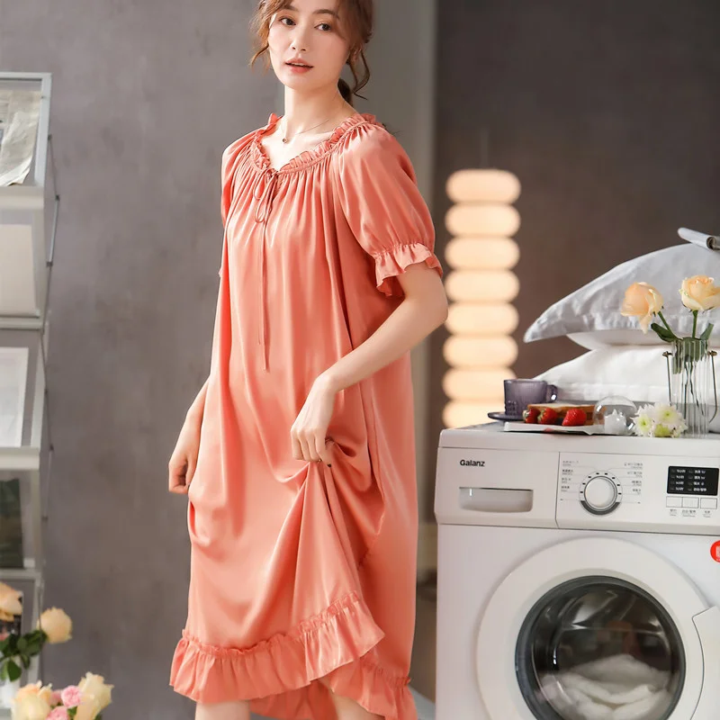 Summer Womens Nightgowns Faux Silk Short Sleeve Sleepshirt Nightdress Nighty Princess Women Girls Solid Nightwear Sleeping Dress