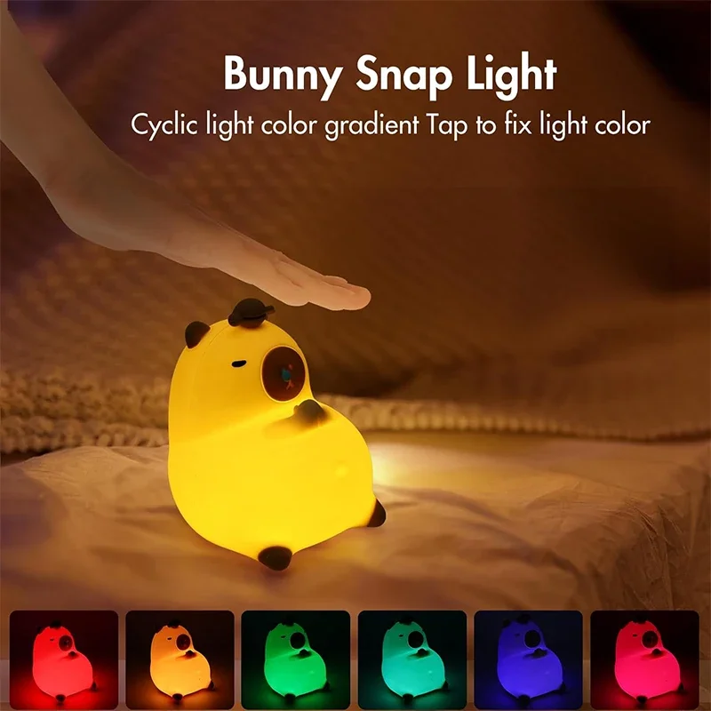 Capybara Night Light - Soft Silicone Nursery Lamp with 7-Color LED, Dimmable Warm Glow, Tap Control & Timer