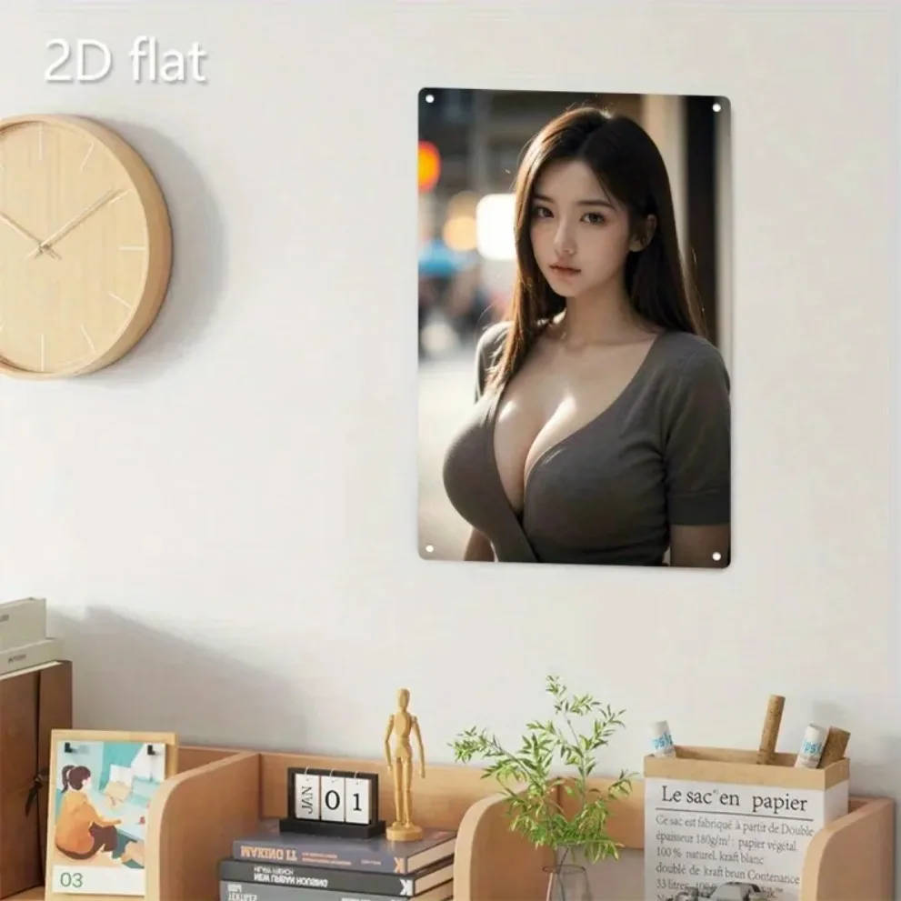 HD 메탈 벽 장식, 세련된 아시아 미녀의 시스루 민트 블라우스, 핀업걸 빈티지 메탈 틴 사인 벽 장식