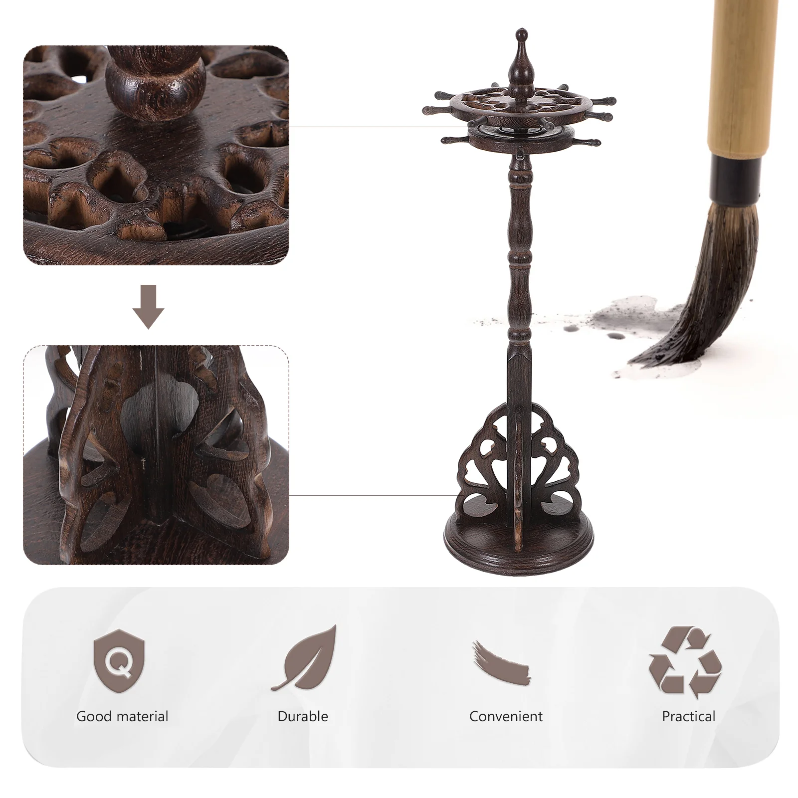 

1Pc Vintage Round Base Wooden Hanging Pen Holder Ancient Pen Holder (Black)