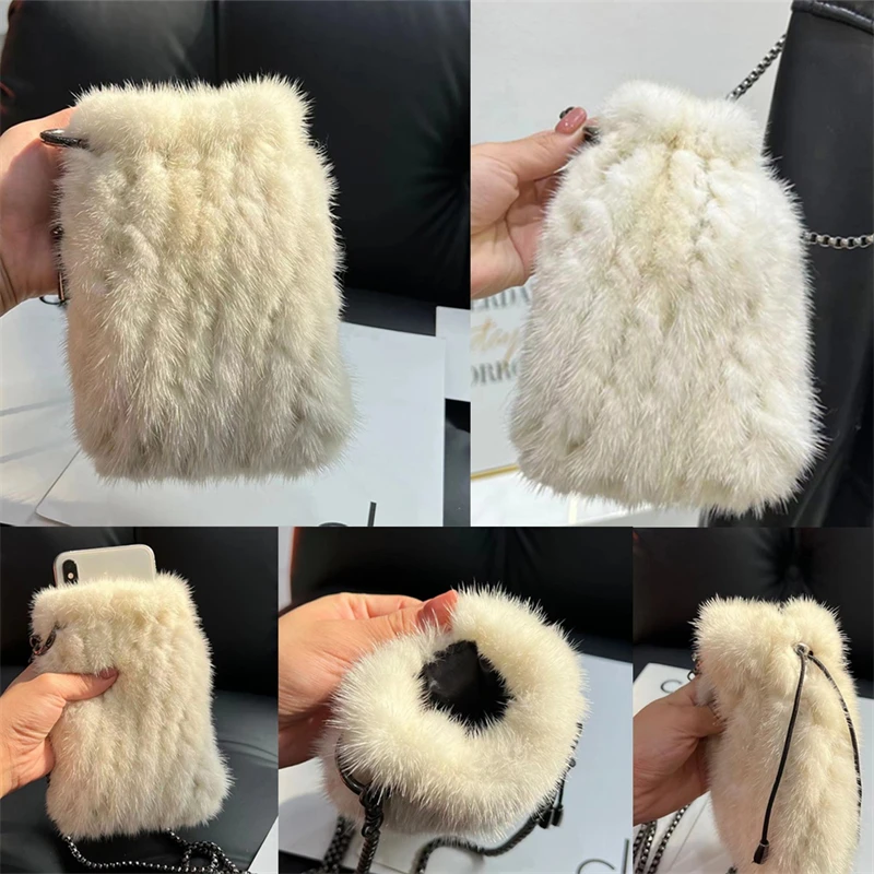 Women's Luxury Leather Shoulder Bag Natural Mink Fur Coin Purse Metal Chain Embellished Woven Style Mini Phone Bag