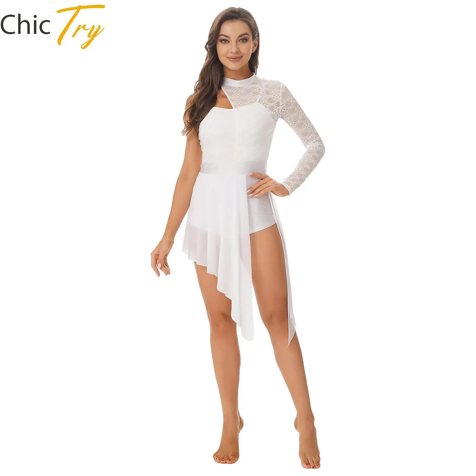 

Women Lyrical Dance Dress Contemporary Modern Dance Dresses Lace One Shoulder Leotard Mini Dress Ballet Tutu Dress Dancewear
