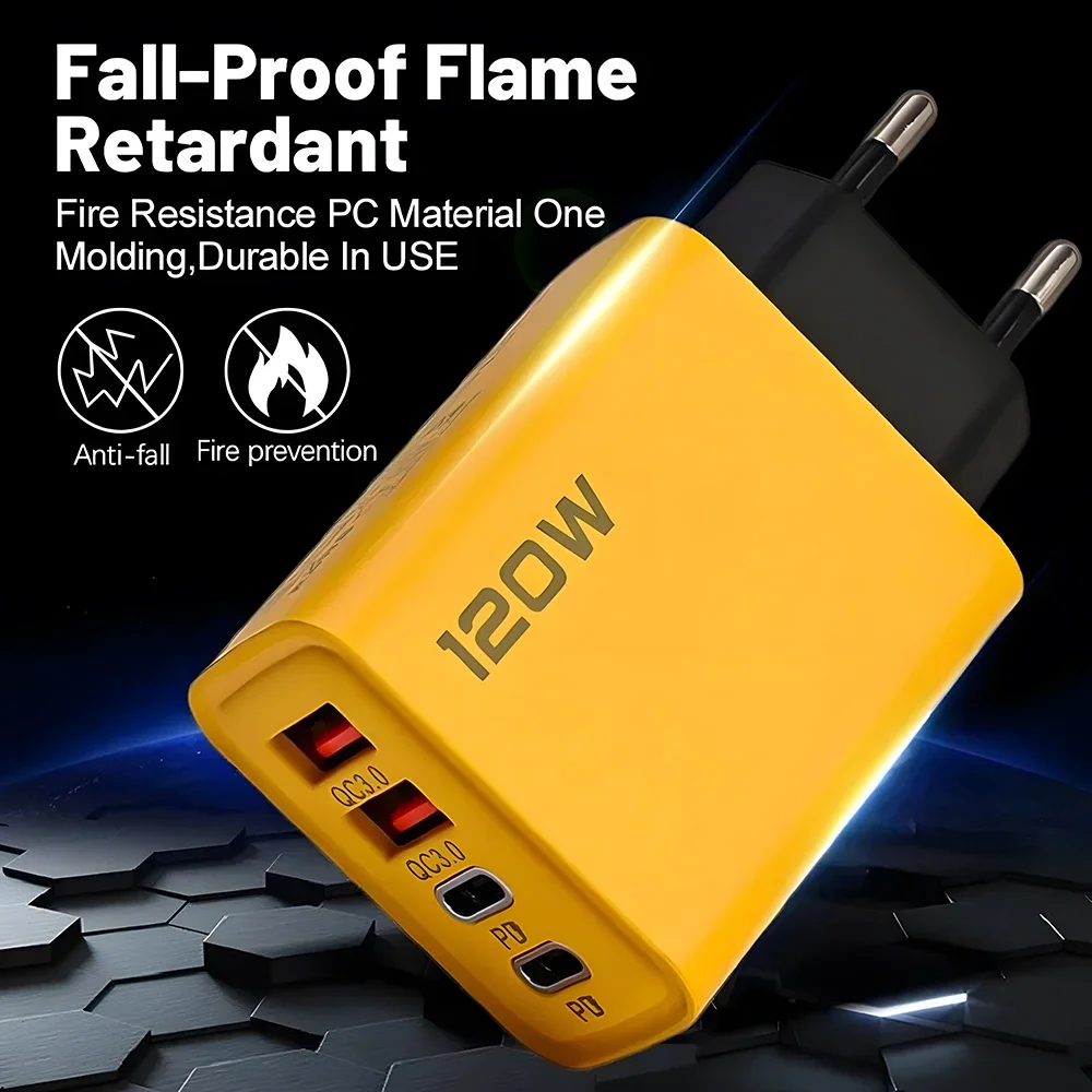 120W 2 USB+2 Type-C 4 Ports Wall Charger Fast Charging EU/US/UK Plug Power Adapter Xiaomi iPhone Samsung Huawei Phone/Tablet