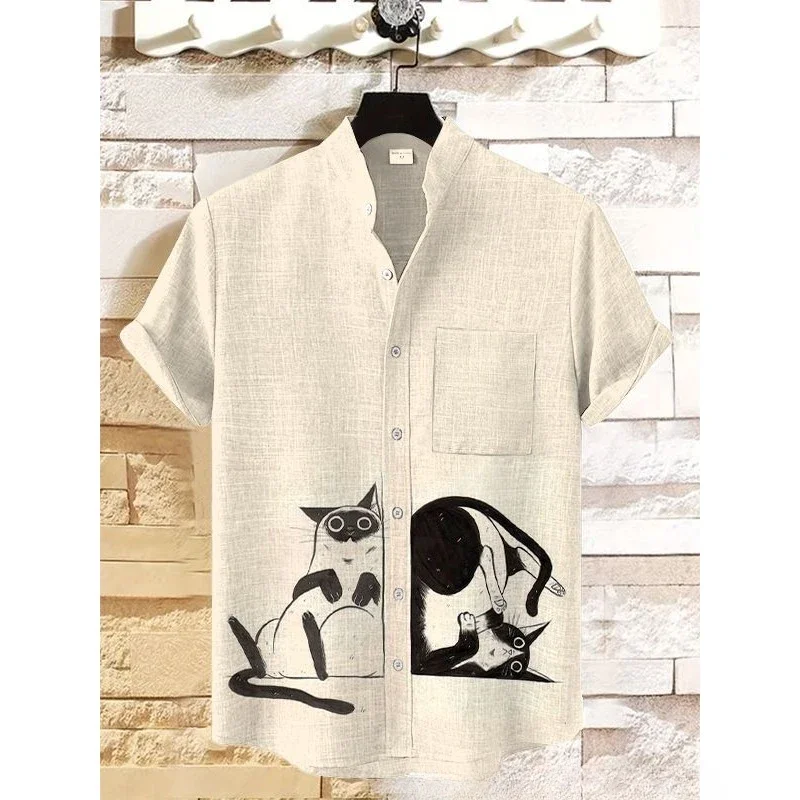 Men's Cat Lying on Pocket Art Print Shirt Summer Short Sleeve Hawaiian Shirts Harajuku Streetwear Button Down Casual Shirt Tops