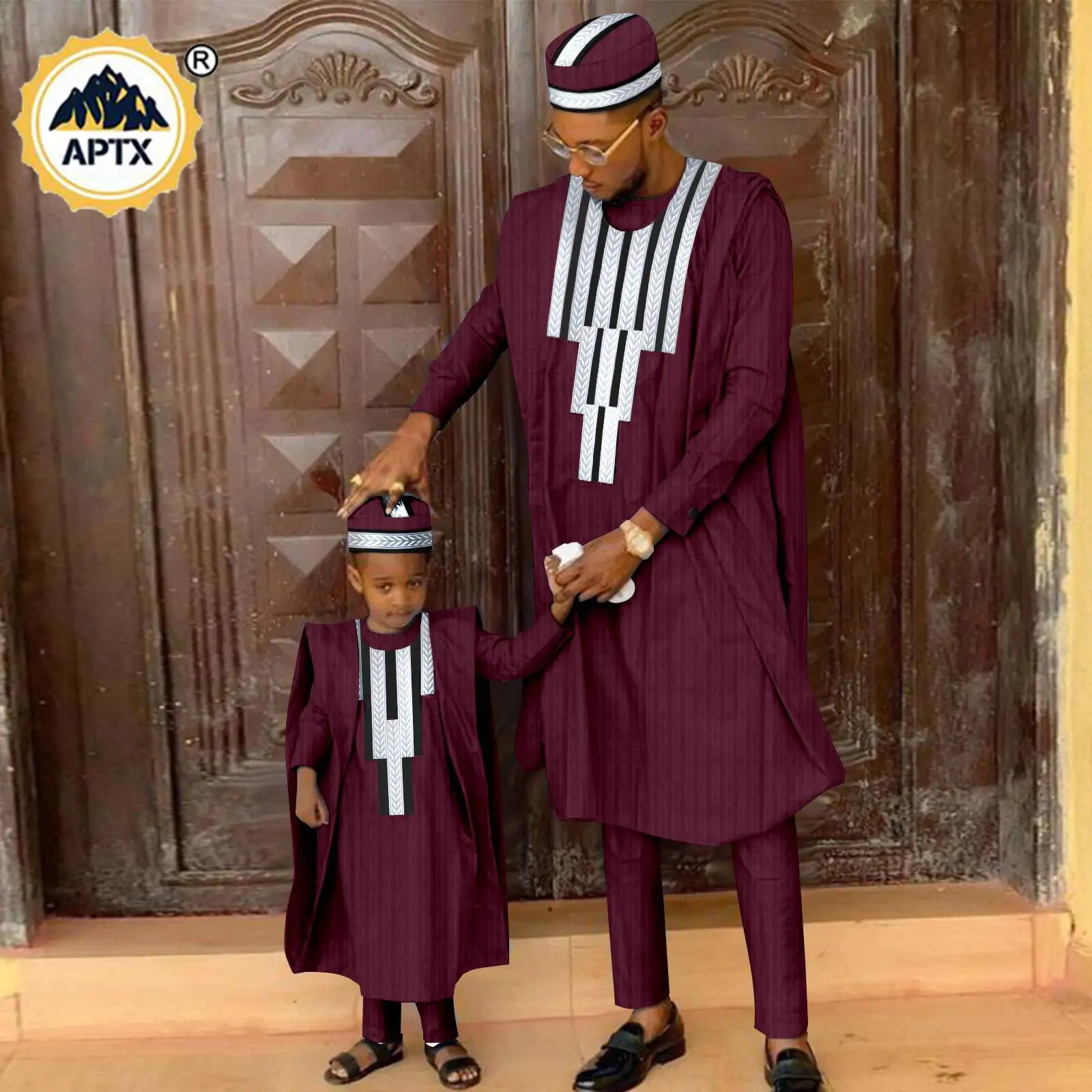 African Matching Outfit for Family Bazin Riche Muslim Sets Dashiki Father and Son Attire Agbada Robe Shirt and Pants Hat Y23F001