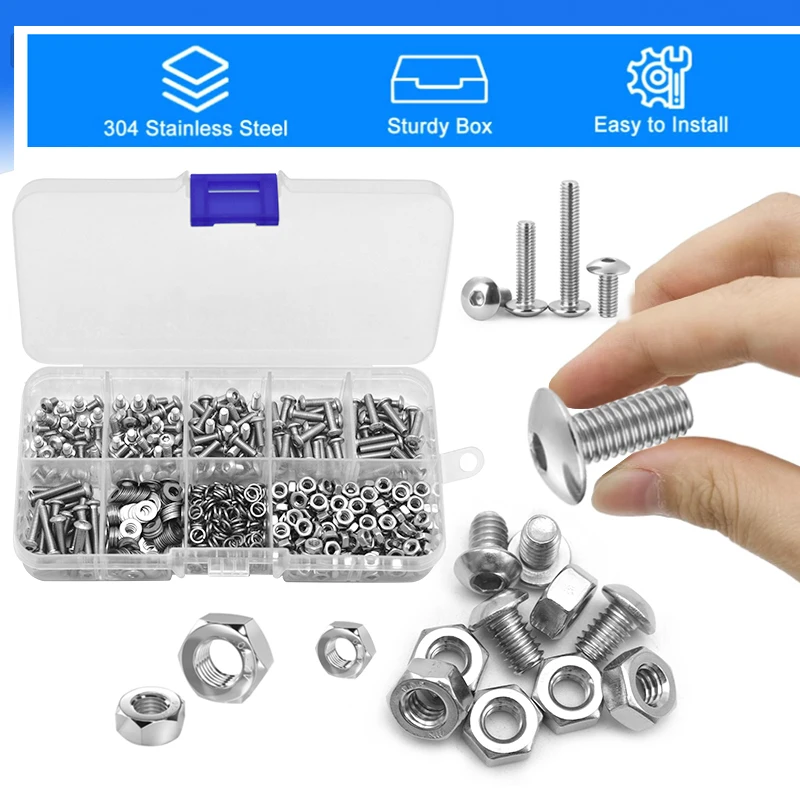 304 Stainless Steel Round Head Hex Socket Screw Kit with Nut Flat & Spring Washers M2-M6 Assortment Set for Machinery, Furniture