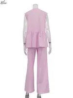 Oymimi Fashion Pink Cotton Sets Womens 2 Piece Elegant Deep V-Neck Single Button Shirts And Sinple Straight Trousers Female Sets - Image 6