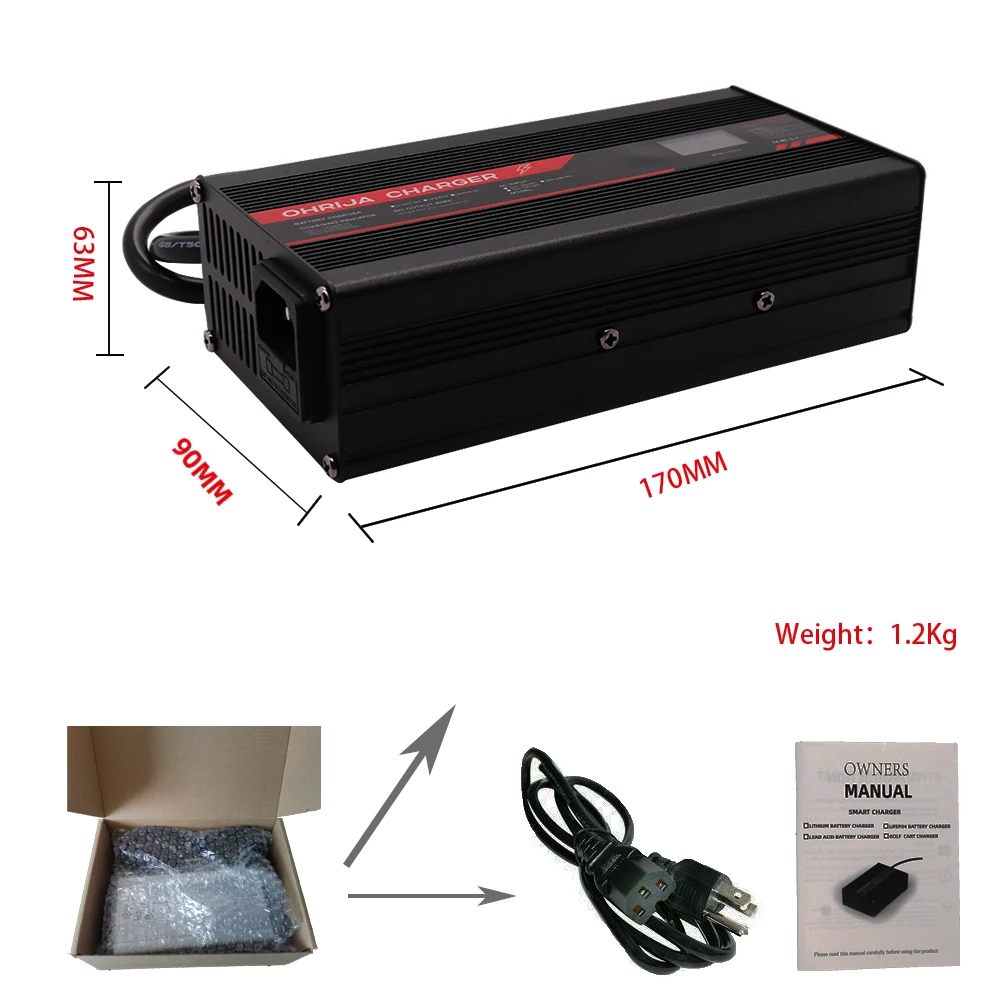 58.4V 10A 충전기 스마트 알루미늄 케이스는 16S 51.2V LCD 디스플레이에 적합합니다. LiFeP04 배터리 OLED 디스플레이 고속 충전기 OHRIJA