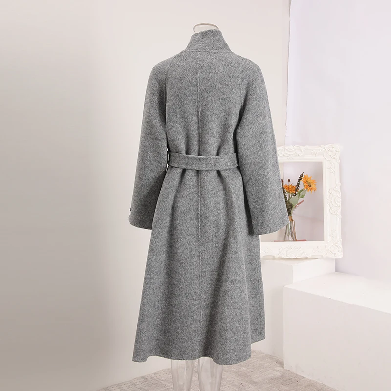 LANMREM Grey Stand Collar Double-faced Woolen Coat for Women Korean Trendy Loose Bandage Design Autumn Winter Overcoat CPG4196 - Image 3
