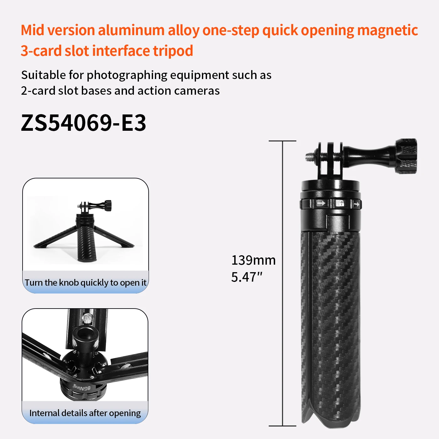 Mini-Stativ mit Schnellverschluss, magnetischer Aluminiumständer für Handykamera, Action-Kamera, universelle Fotografiehalterung, Einbeinstativ – Detail 5