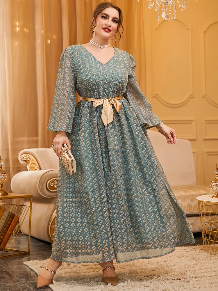 Plus Size Women Dresses Muslim Abaya Evening Party Outfits With Belt 2023 Spring Female's Festival Large Clothing