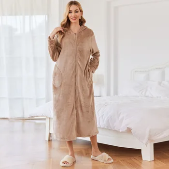 1Pcs Women's Warm Robe Winter Hooded For Bathrobe Female Thicken Long Robes Fleece Solid Color Dressing Gown Home Clothes