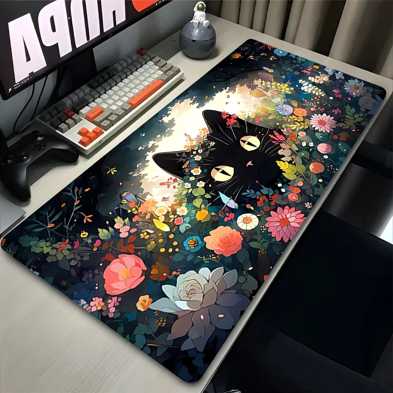 Floral black cat large mouse pad close up
