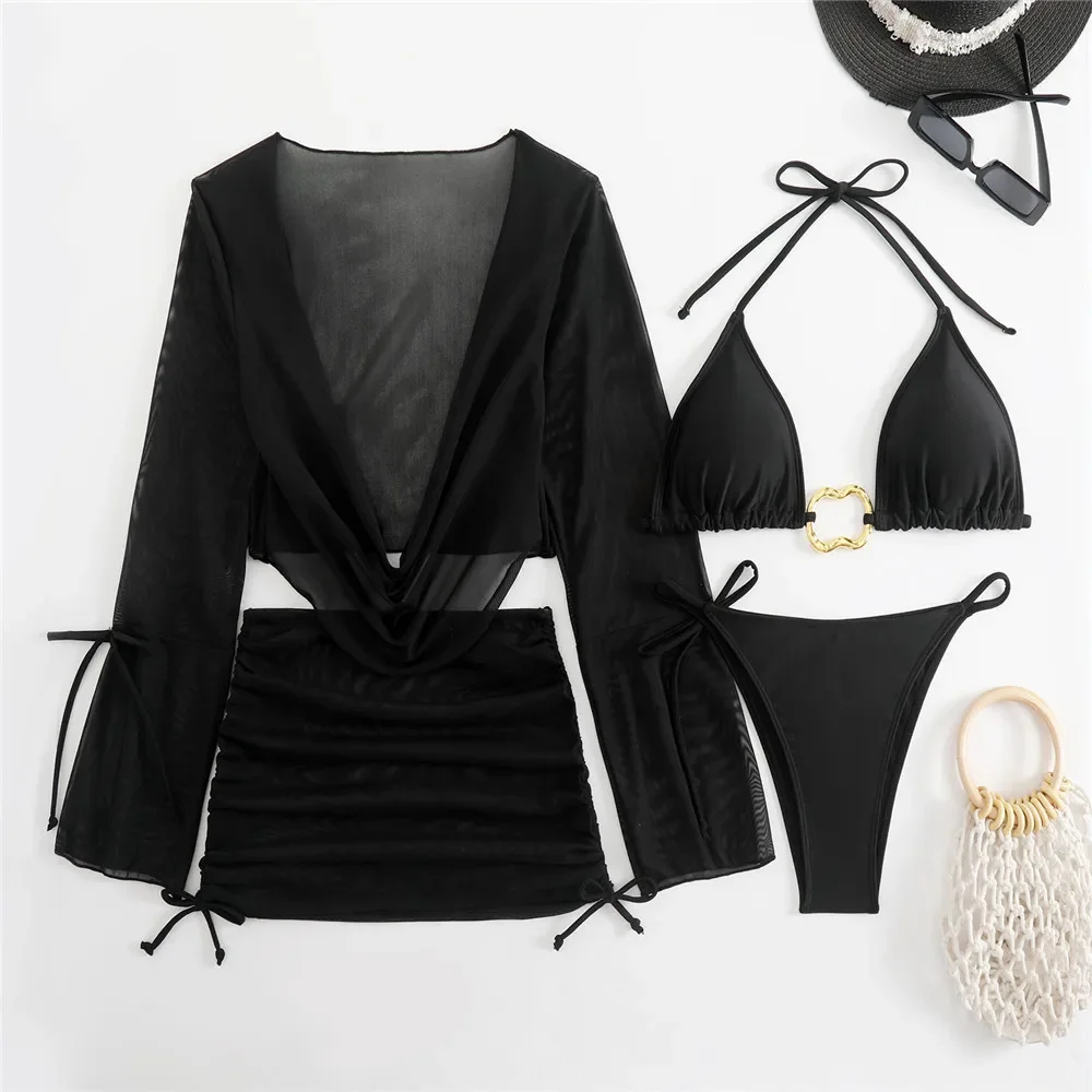 Brown Halter String Triangle Bikinis Sets 4 Piece Mesh Smock Cover Ups Swimwear Metal Ring Sexy Swimsuit Women Beachwear Biquini