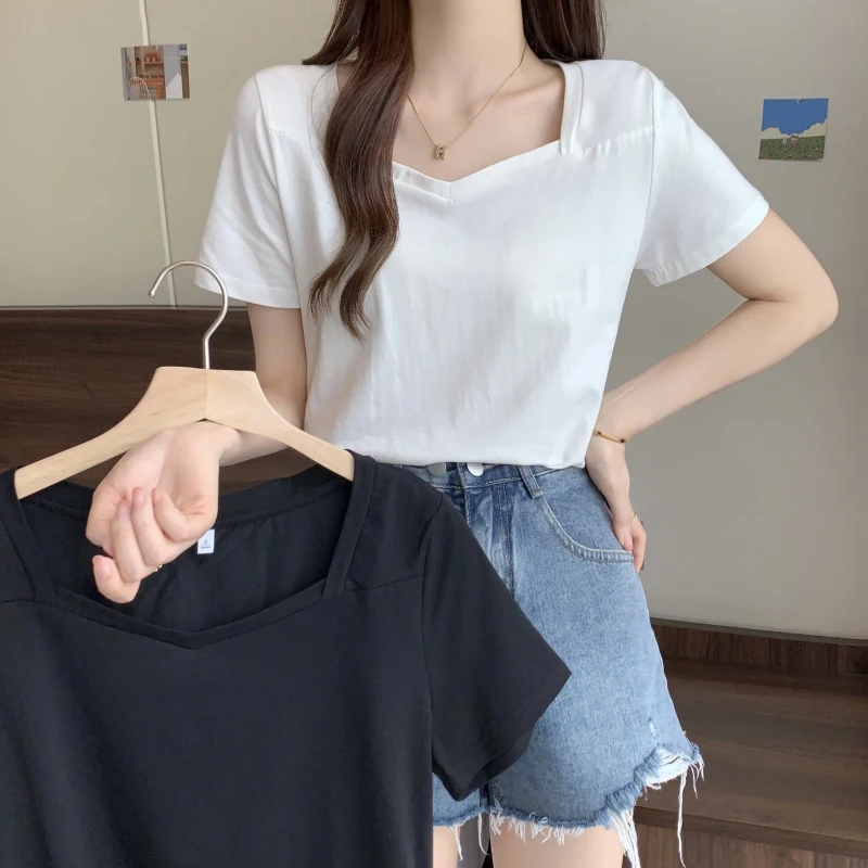 

LKSK French Shoulder Square Neck Short Sleeved T-shirt for Women's Summer New Exposed Collarbone Half Sleeved Design Sense Top