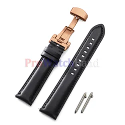 Handcrafted Vintage Brown Leather Watch Strap with Gold Butterfly Buckle - 20mm (Black - RoseGold)