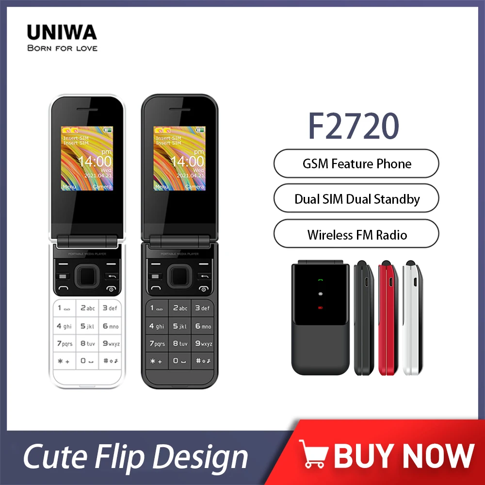 uniwa v909t flip mobile phone 4g full band feature cellphone mtk quad core dual screen wifi bluetooth clamshell mobilephone UNIWA F2720 GSM Cute Flip CellPhone 1.7Inch Feature Phone Dual SIM Card Unlocked MINI Mobile Phone for Elderly Wireless FM Radio