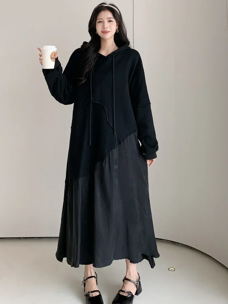 

Streetwear Elegant New Dresses for Women 2024 Spring Autumn Black Dress Hooded Splicing Long Sleeved Dress LOOSE Oversized Robe