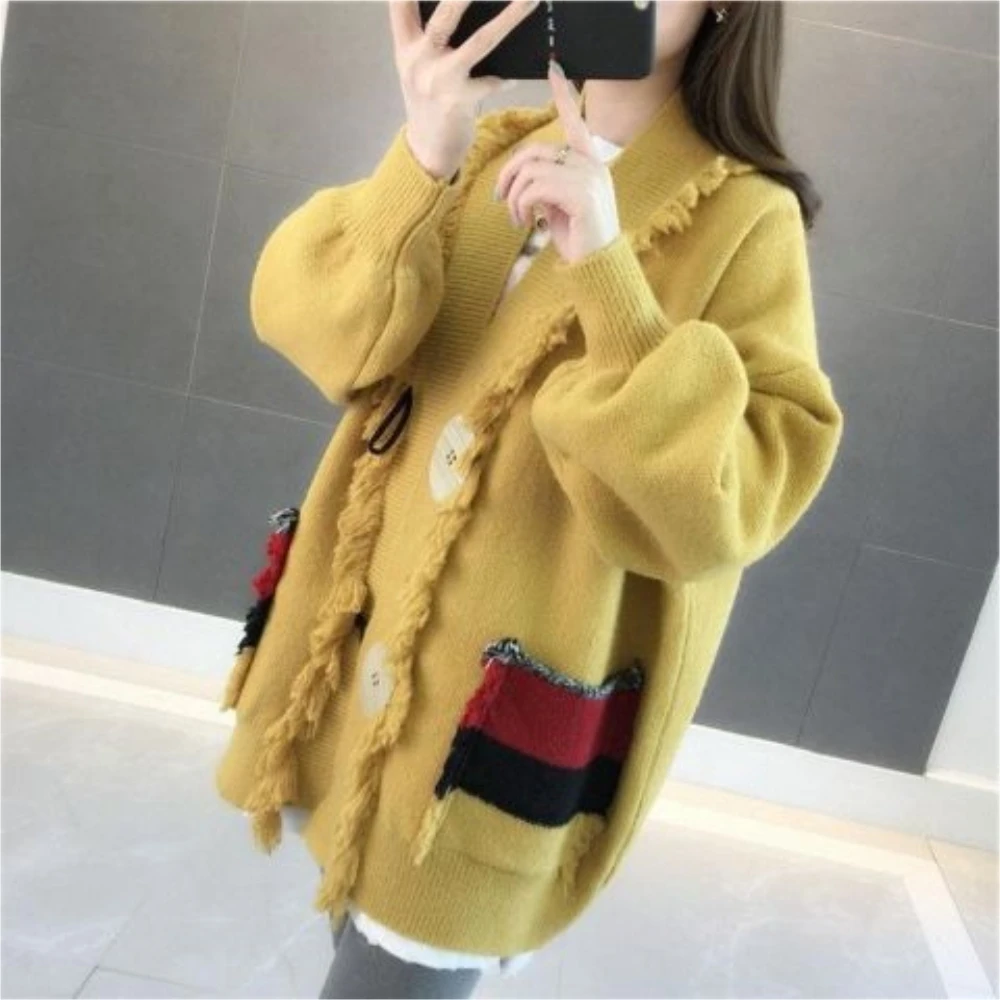 

2023 Fashion Warm Autumn Winter Open Stitch Knitted V-neck Cardigan Swearter Top Multicolor Causal Loose Oversized 5XL Korean
