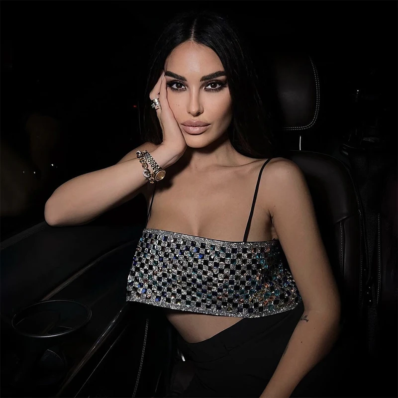 

y2k Sparkly Top For Women 2023 Summer Streetwear Silver Glitter Diamond Crystal Sexy Backless Crop Tops Rave Festival Camisole