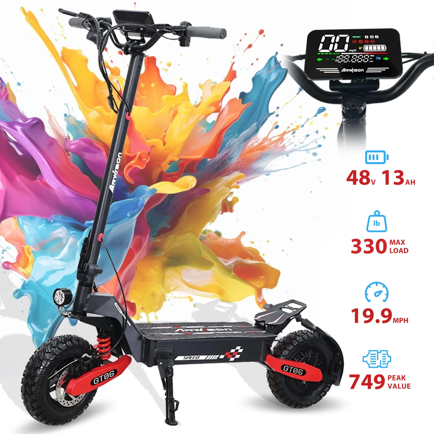 Adult electric scooter, electric commuting scooter, range of 28 miles, 1200W motor dual braking system and shock absorption 1