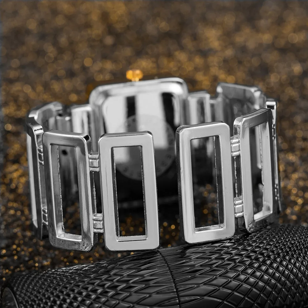 New CANSNOW Rectangle Ladies Wrist Watch Silver Bangle Watches For Women Crystal Hollow Stainless Steel Quartz Female Clock 3