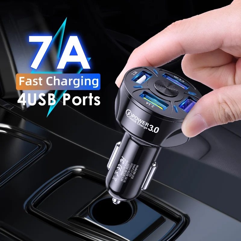 

QC3.0 4USB Car Charger One Tow Four Car Car Charger Multi-functional Cigarette Lighter Smart Phone General In-car Supplies