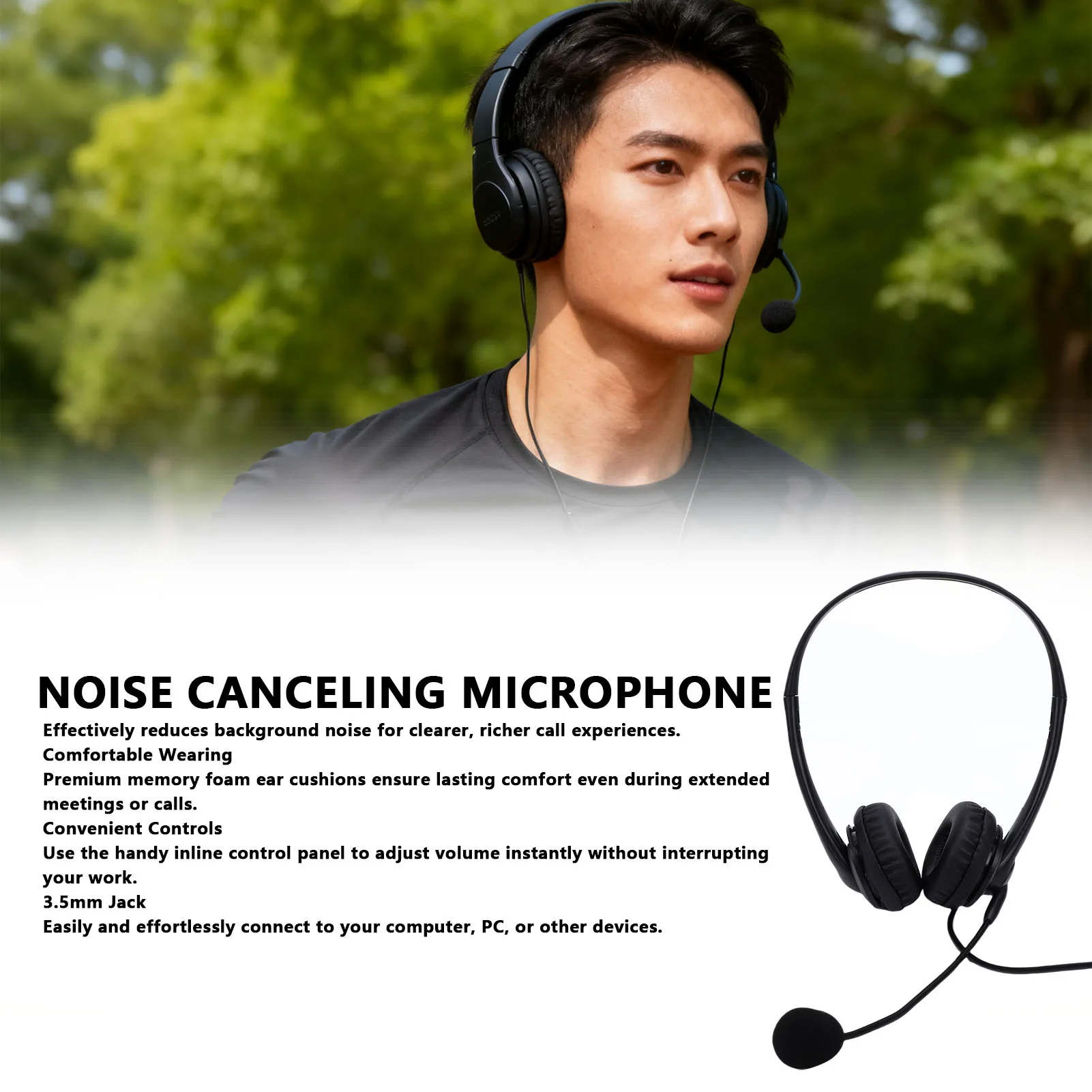 유선 헤드폰 편안한 인라인 컨트롤 유선 헤드셋(3.5mm 잭 포함) PC 노트북 폰용 소음 제거 마이크 볼륨 조절
