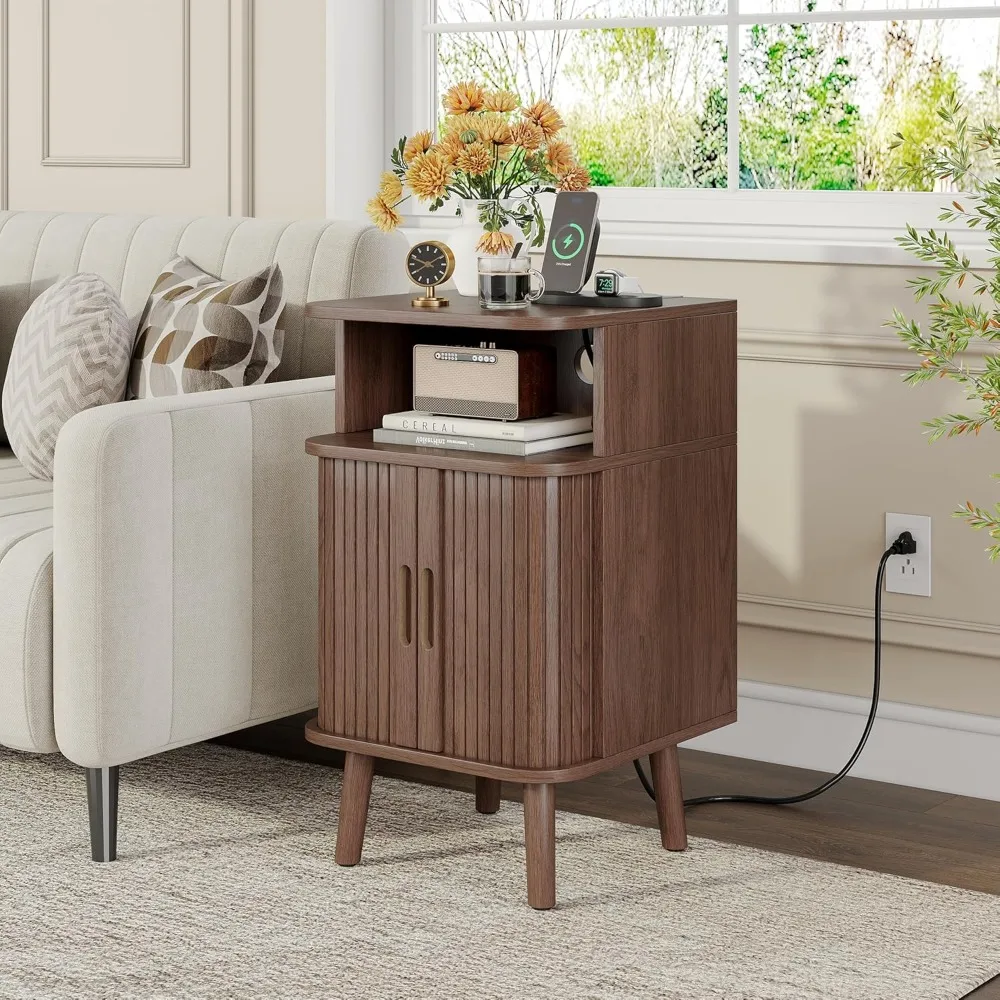 fluted nightstand set with charging station of 2, mid century modern end table with sliding tambour doors, curved accent wood b
