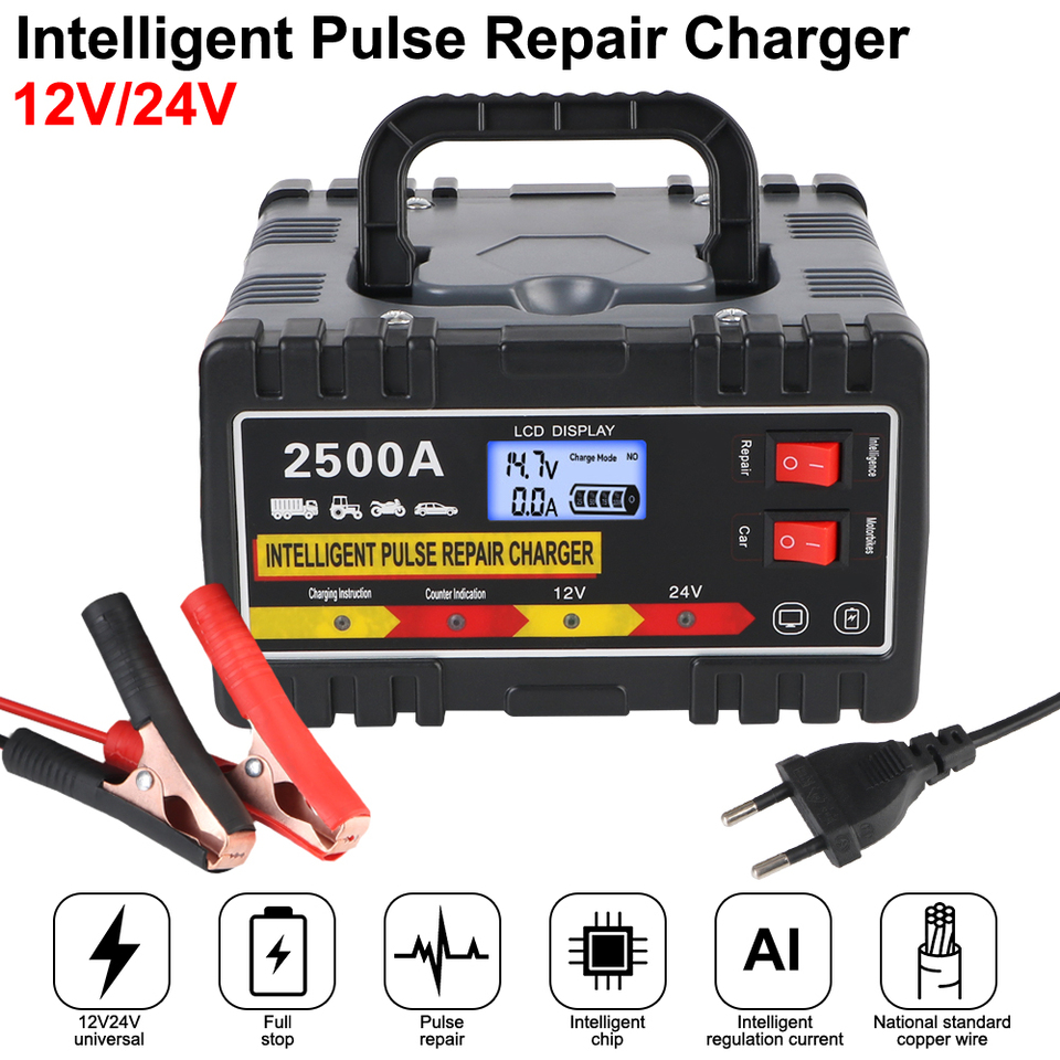 Intelligent Pulse Repair Charger 12V24V 220W Digital LCD Display Fast Charger For Car Motorcycle Lead-acid Battery EU Plug