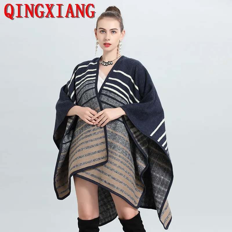 2022 Fashion Autumn Winter Split Cloak Shawl Loose Poncho Capes Faux Woolen Outstreet Wear Coat Gradient Colors Striped Blanket