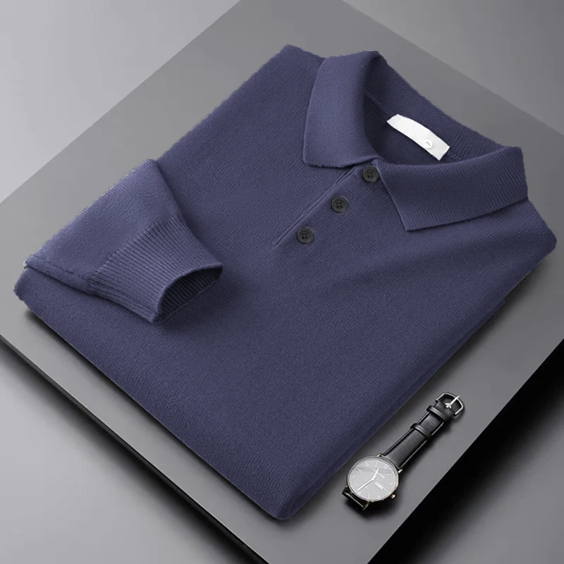 Autumn Mens Long Sleeve Button Knit Pullover Sweater Casual Woolen Polo Sweater Winter Classic Shirts Warm HeavyWeight Outerwear