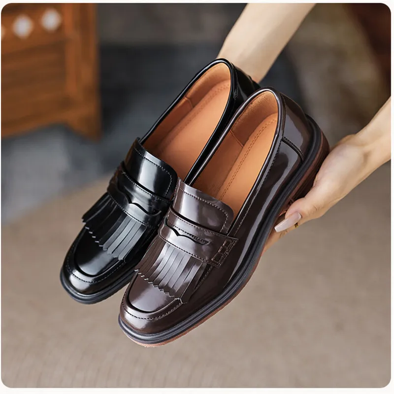 

2023 Spring/Autumn Women Pumps Split Leather Round Toe Tassels Loafers Low Heels Shoes for Women Ladies Shoes Zapatos De Mujer