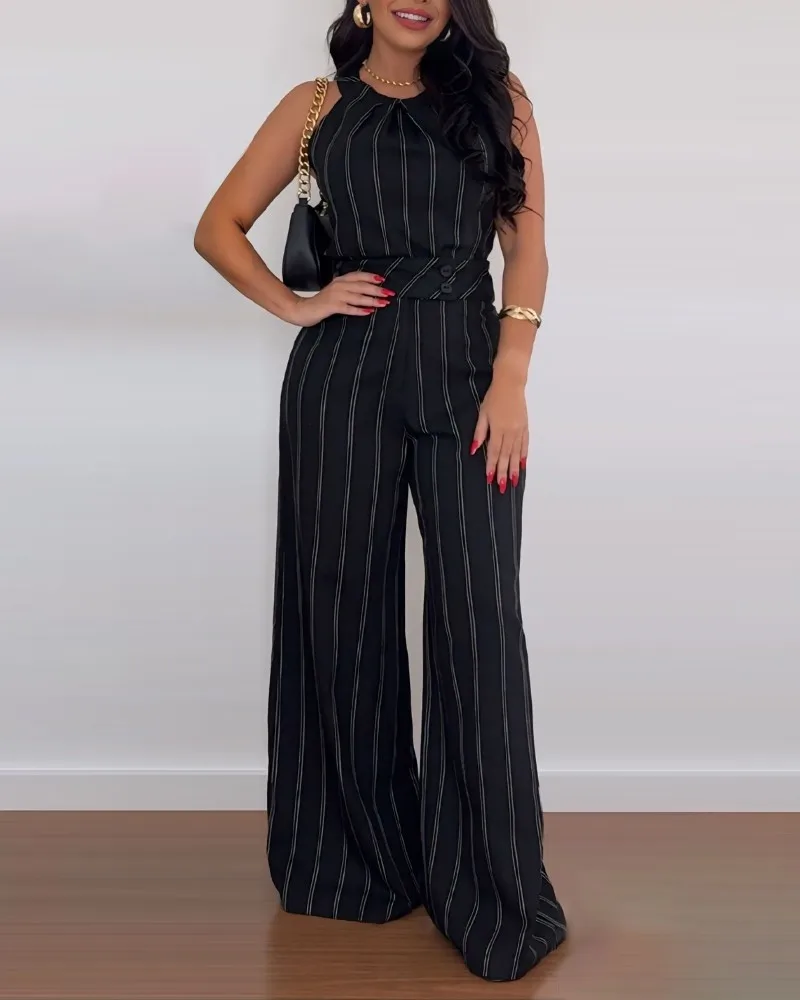 Elegantes zweiteiliges Damen-Set, gestreift, O-Ausschnitt, ärmelloses Oberteil mit Knopfdetail, hohe Taille, weites Bein, Hosen-Set zum Pendeln – Detail 10