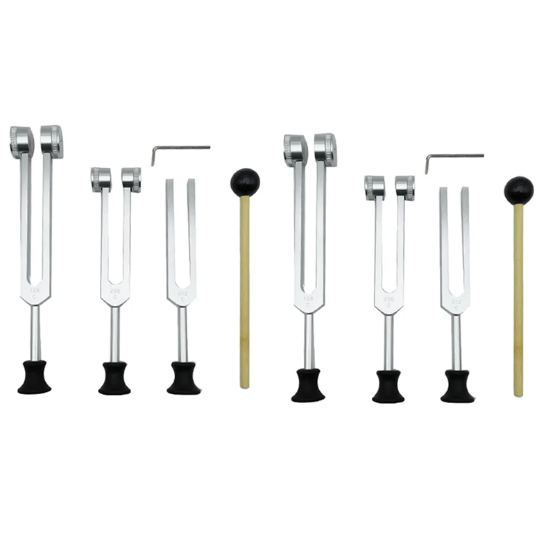 【Hot Cake】8 Pack Tuning Fork Set(128Hz, 256Hz, 512Hz)With Tuning Fork Hammer For Sound Sound Vibration Tool With Base,Silver
