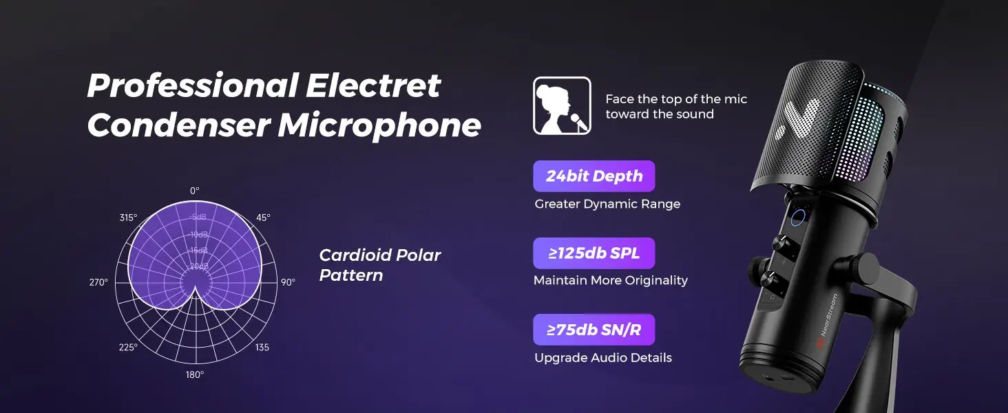 NearStream USB/XLR Condenser Gaming Microphone with 8 RGB Modes Lighting, Noise Cancelling Desktop for Streaming on PC/PS5/Mac